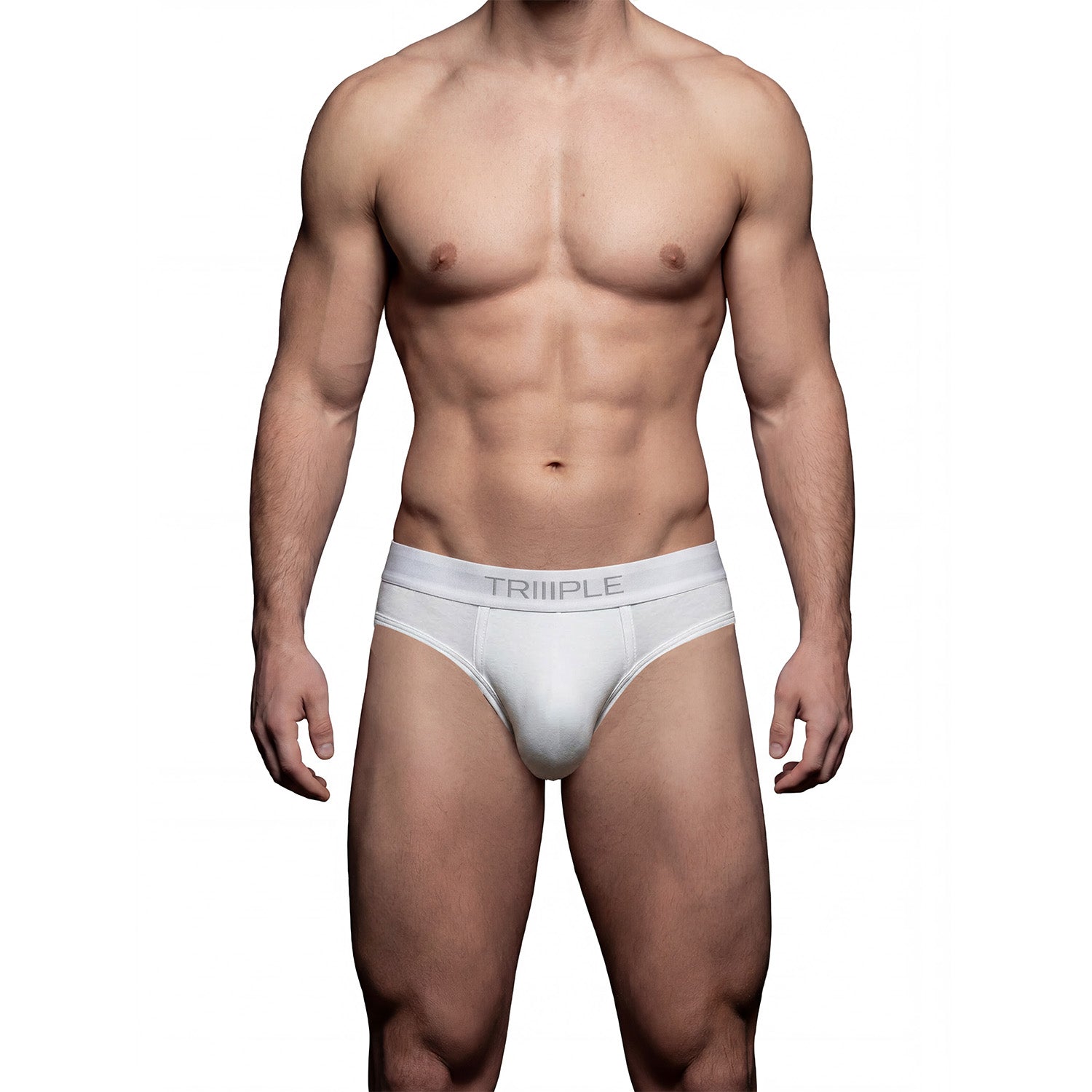 Man wearing a TRIIIPLE Studio V Cotton Spandex Brief men's underwear with 'TRIIIPLE' branding on a white background