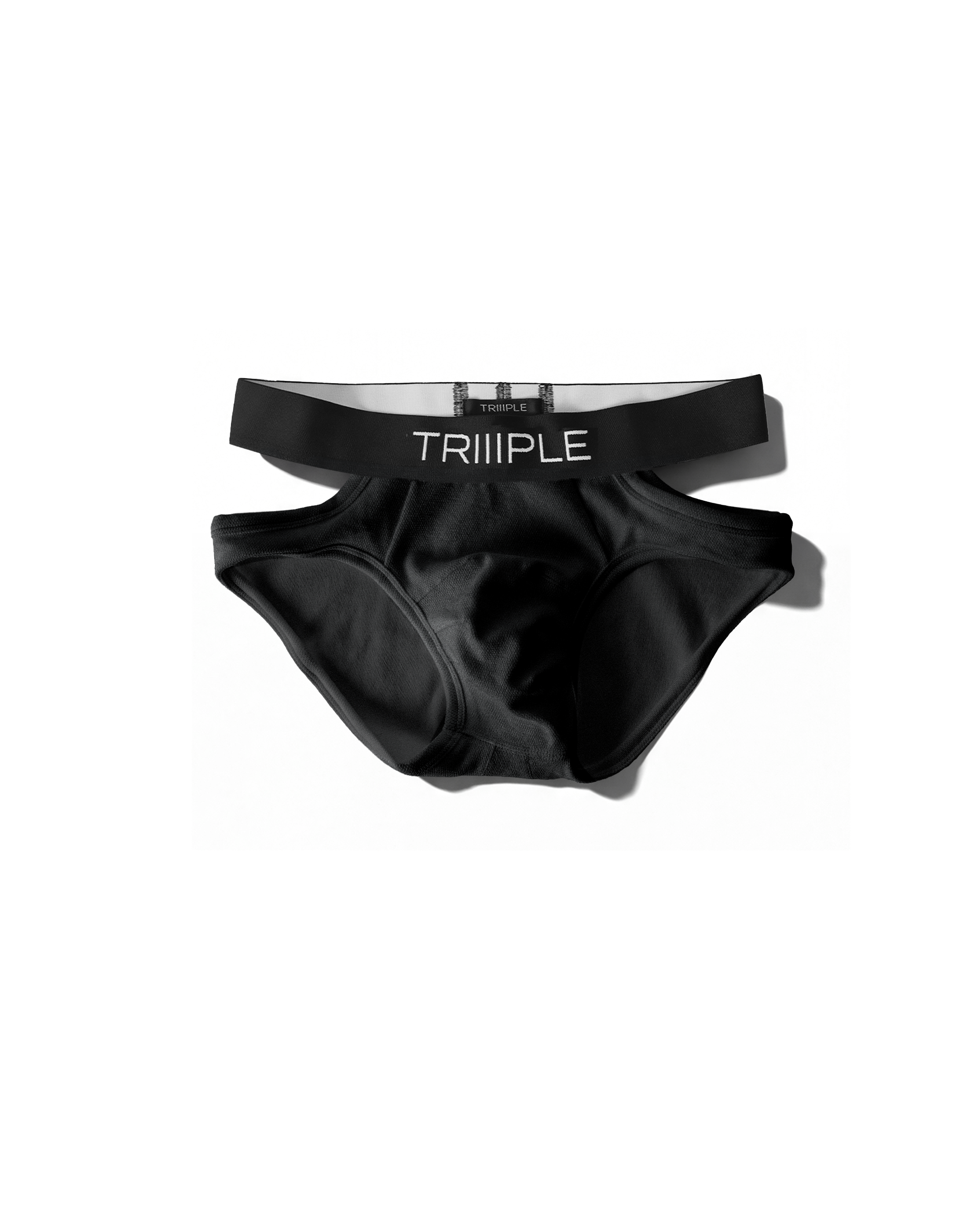TRIIIPLE Studio X TransDRY Brief Black men's underwear with 'TRIIIPLE' branding on a white background