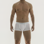 Man wearing white boxer brief with 'TRIIIPLE' branding on a light gray background in front view.